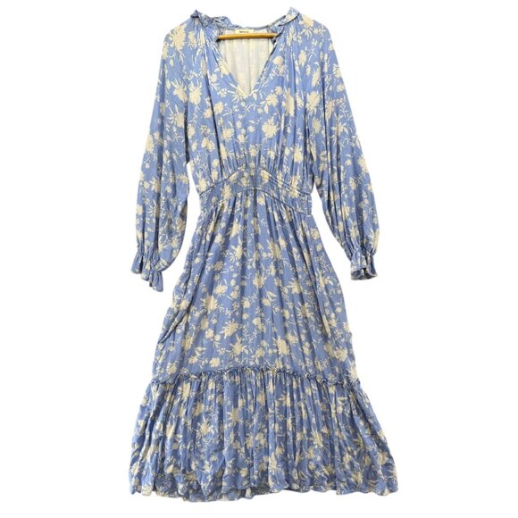 Lalavon Floral Maxi Dress Blue Long Sleeve Smocked Waist Cottagecore Size M - Picture 1 of 10